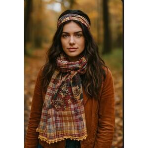 Eddie Bauer Plaid Floral Scarf Tassel Trim Boho Fall Lightweight Cotton Wrap OS